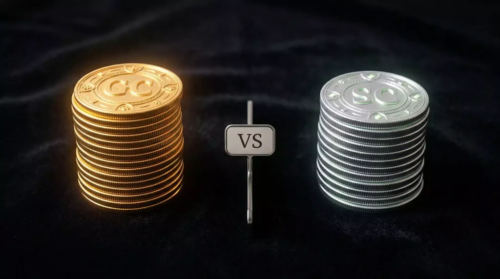 Two stacks of coins showing gold coins and sweeps coins difference