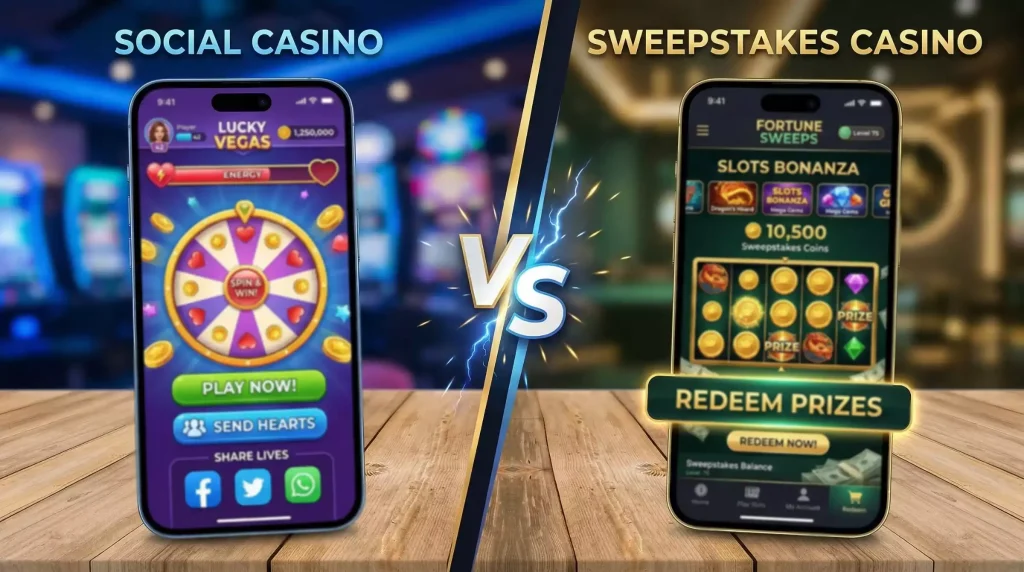 Social casino and sweepstakes casino comparison side by side