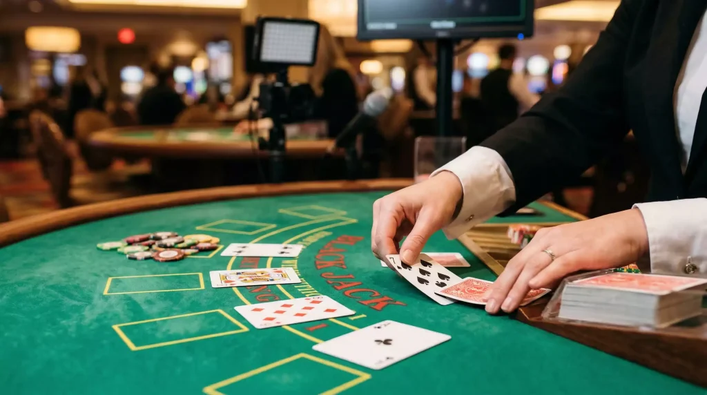 Live dealer dealing cards at sweepstakes casino table