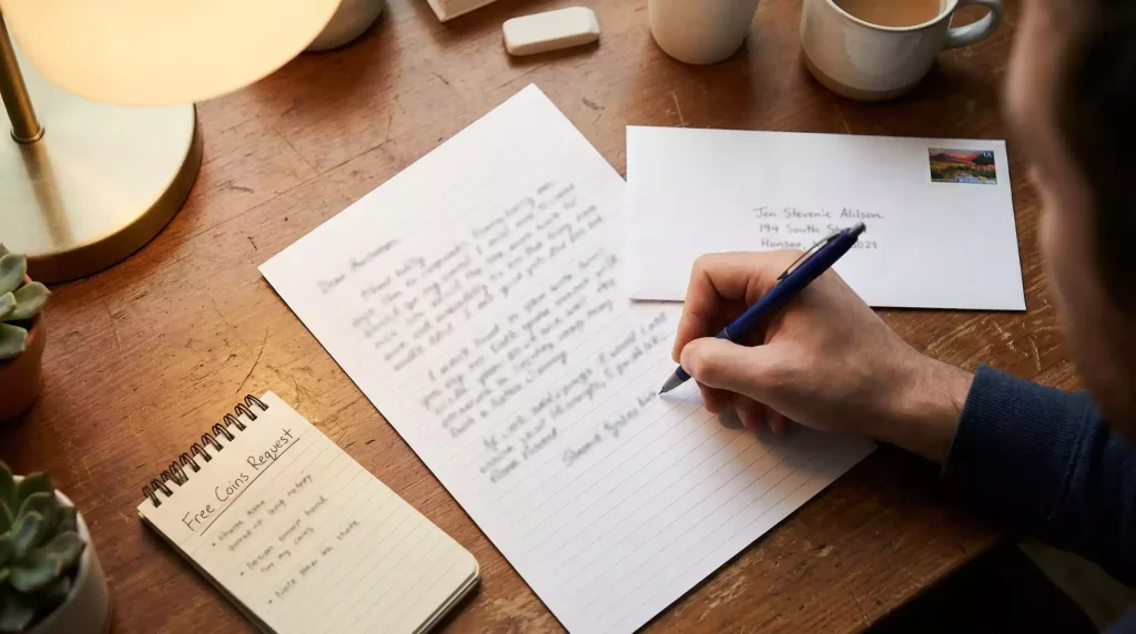 Handwritten mail-in request letter for free sweeps coins bonus