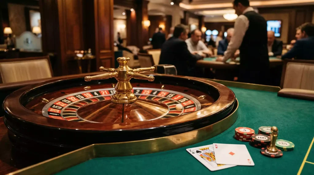 Roulette wheel and blackjack cards at sweepstakes casino