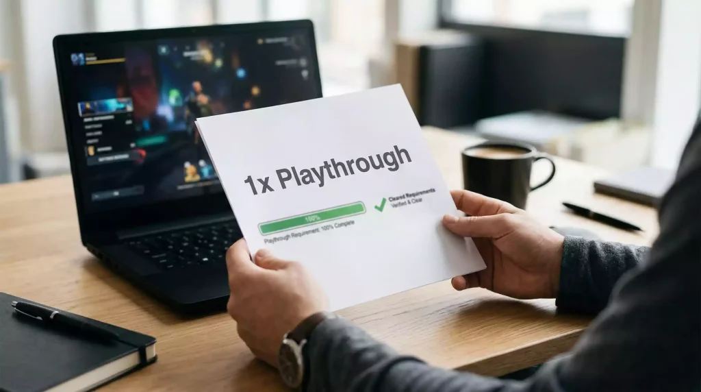 Player reviewing sweepstakes casino wagering requirements on document